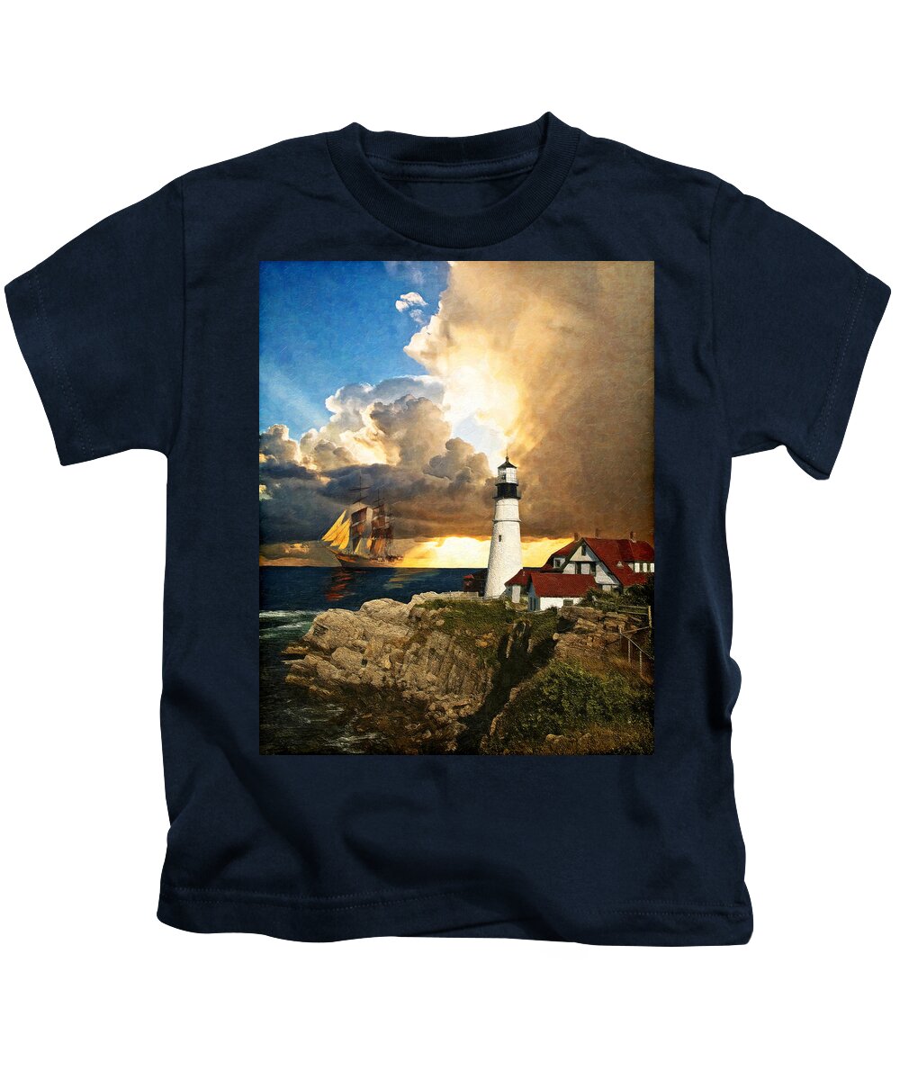 Lighthouse Kids T-Shirt featuring the digital art Portland Head Lighthouse by Lianne Schneider