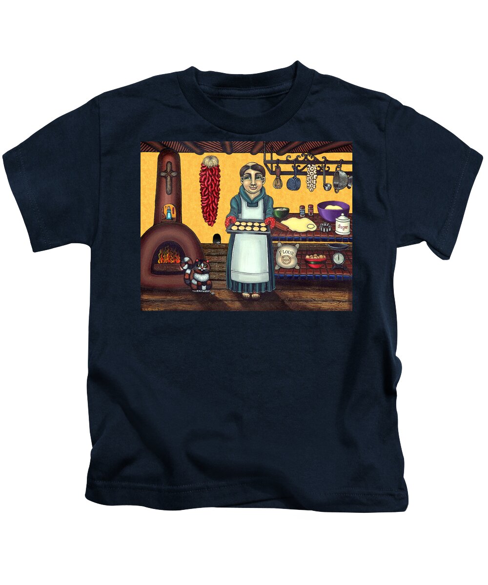 Folk Art Kids T-Shirt featuring the painting San Pascual Making Biscochitos by Victoria De Almeida
