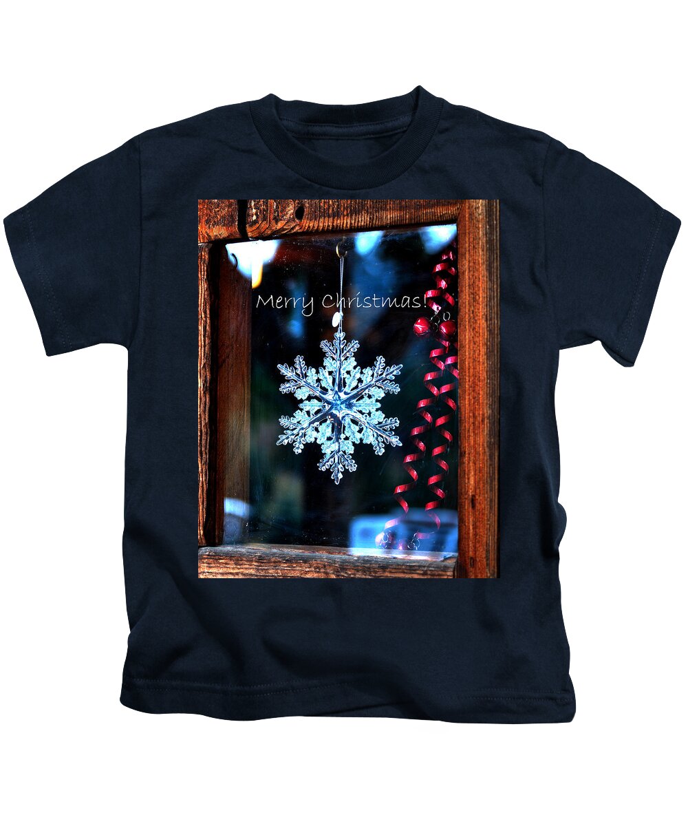 Christmas Kids T-Shirt featuring the pyrography Snowflake In Window Text 20507 by Jerry Sodorff
