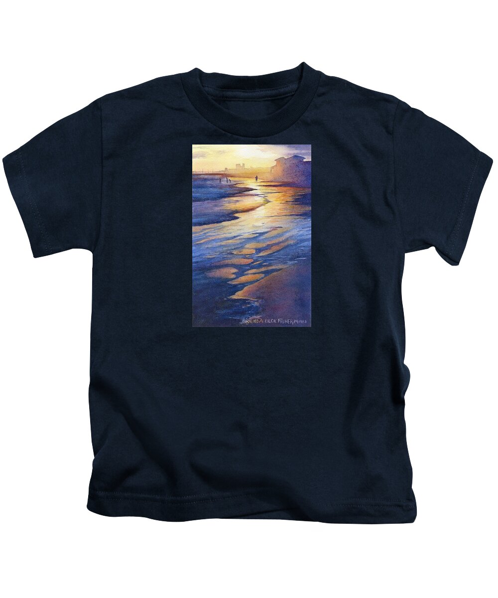 Gulf Beach Scene At Sunset. Kids T-Shirt featuring the painting Sunset at Galveston Beach by Brenda Beck Fisher