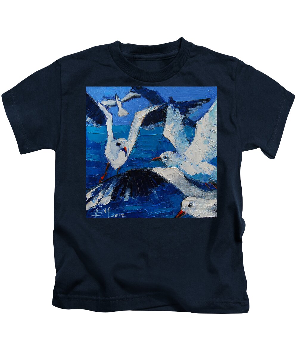 The Seagulls Kids T-Shirt featuring the painting The Seagulls by Mona Edulesco