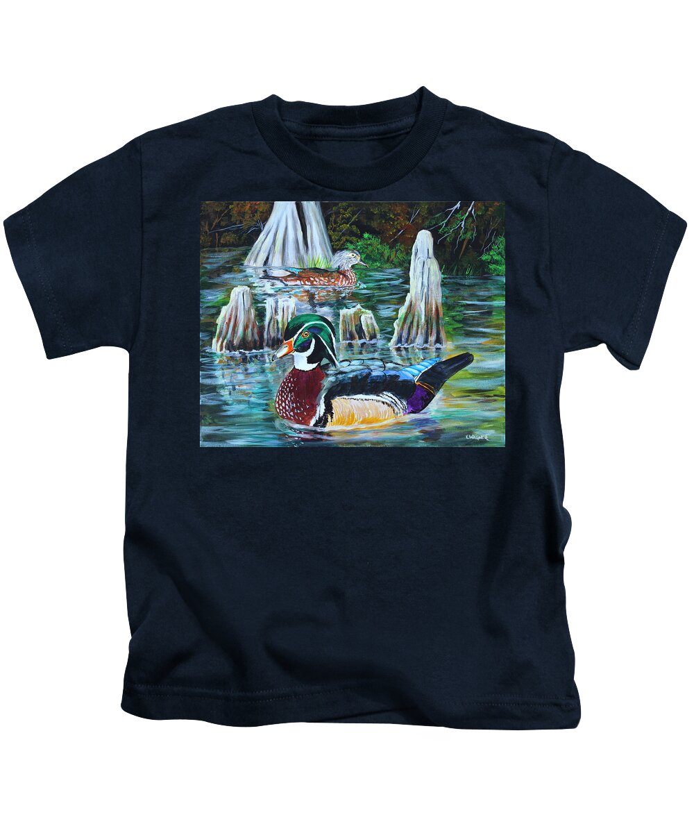 Wood Ducks Kids T-Shirt featuring the painting Woodies on the Bayou #1 by Karl Wagner