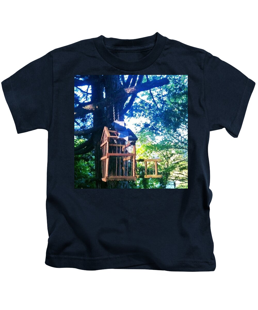 Birdcage Kids T-Shirt featuring the photograph Birdcage Above My Reading Bench by Anna Porter