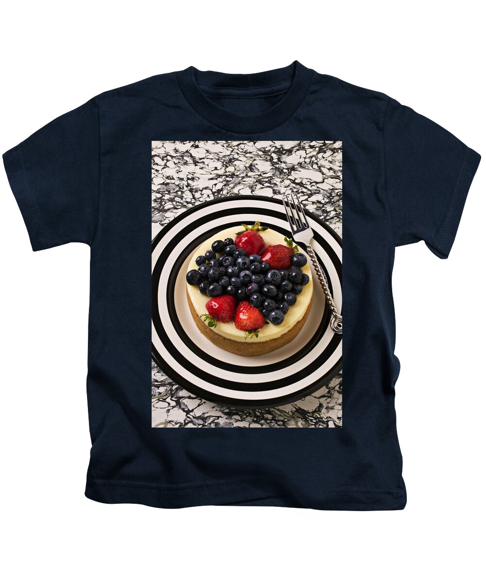 Cheesecake Desert Plate Kids T-Shirt featuring the photograph Cheese cake on black and white plate by Garry Gay