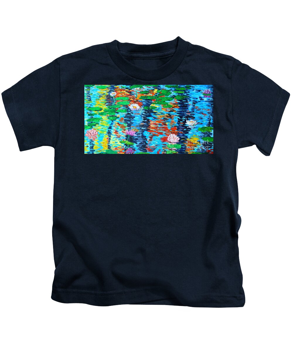 Lilies Kids T-Shirt featuring the painting Lily Pond Fall Reflections by Ana Maria Edulescu