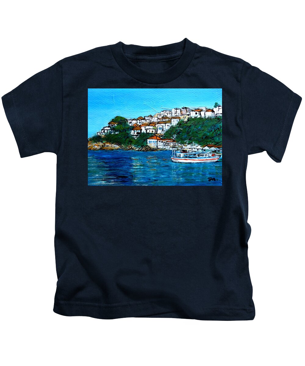 Greece Kids T-Shirt featuring the painting Skiathos Greece No2 by Jackie Sherwood