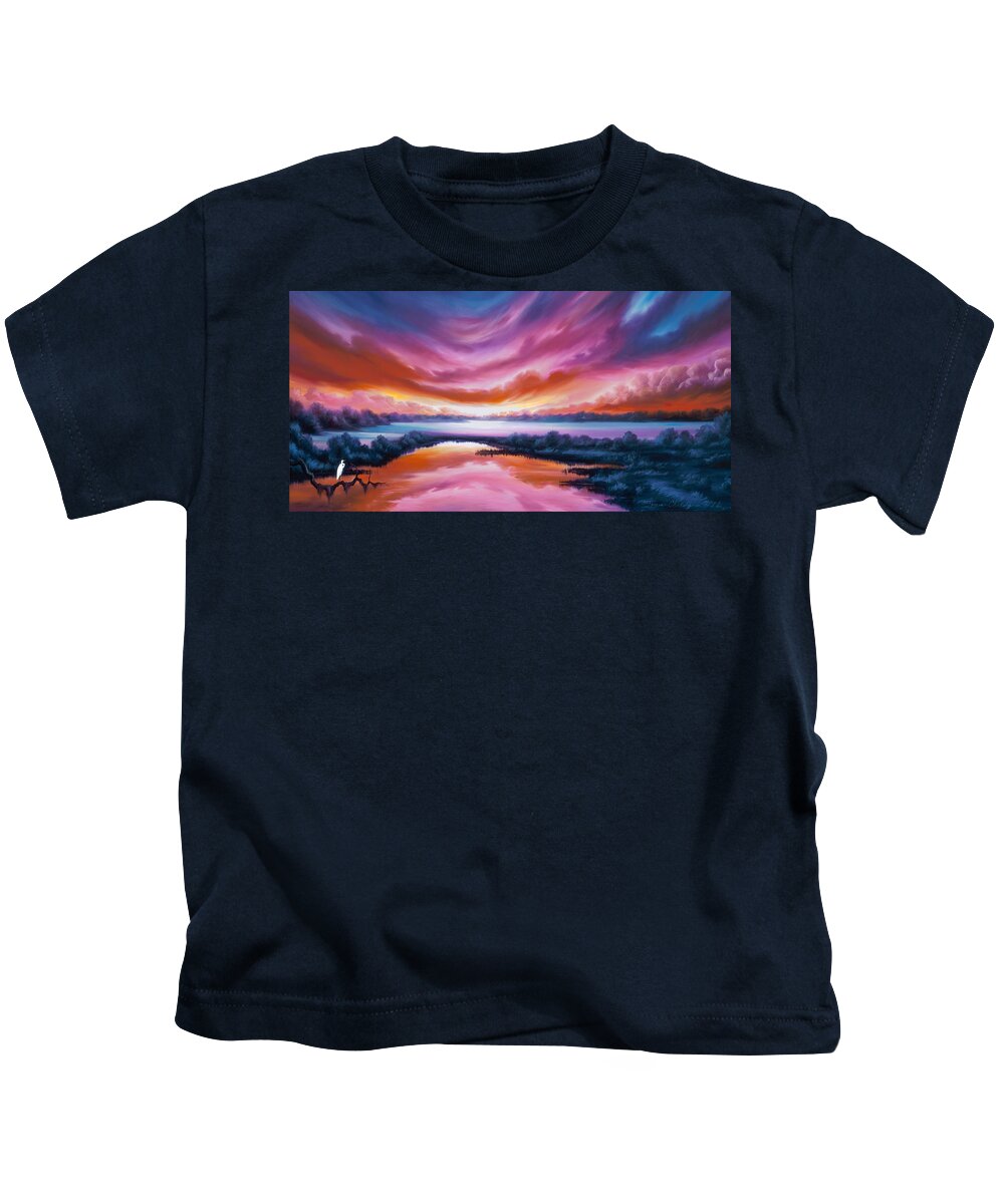 Sunrise; Sunset; Power; Glory; Cloudscape; Skyscape; Purple; Red; Blue; Stunning; Landscape; James C. Hill; James Christopher Hill; Jameshillgallery.com; Ocean; Lakes; Sky Kids T-Shirt featuring the painting The Last Sunset by James Hill
