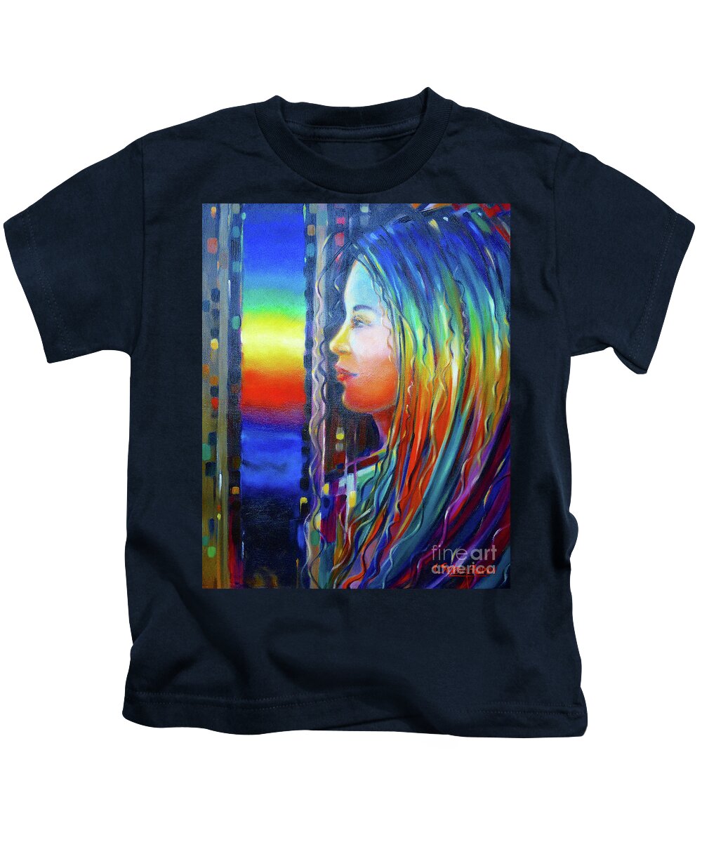 Girl Kids T-Shirt featuring the painting Rainbow Girl 241008 #1 by Selena Boron