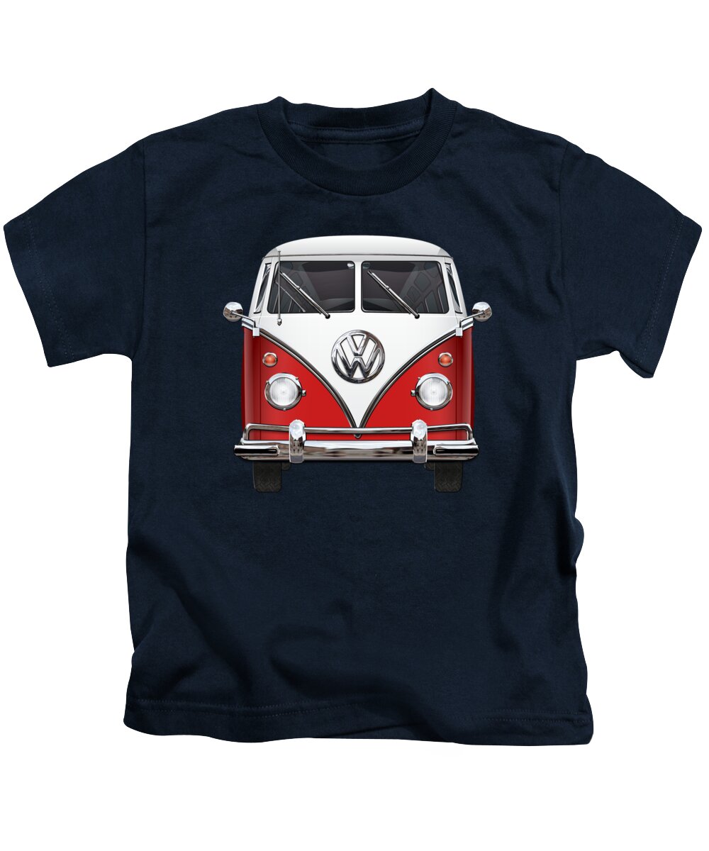 'volkswagen Type 2' Collection By Serge Averbukh Kids T-Shirt featuring the photograph Volkswagen Type 2 - Red and White Volkswagen T 1 Samba Bus over Green Canvas by Serge Averbukh