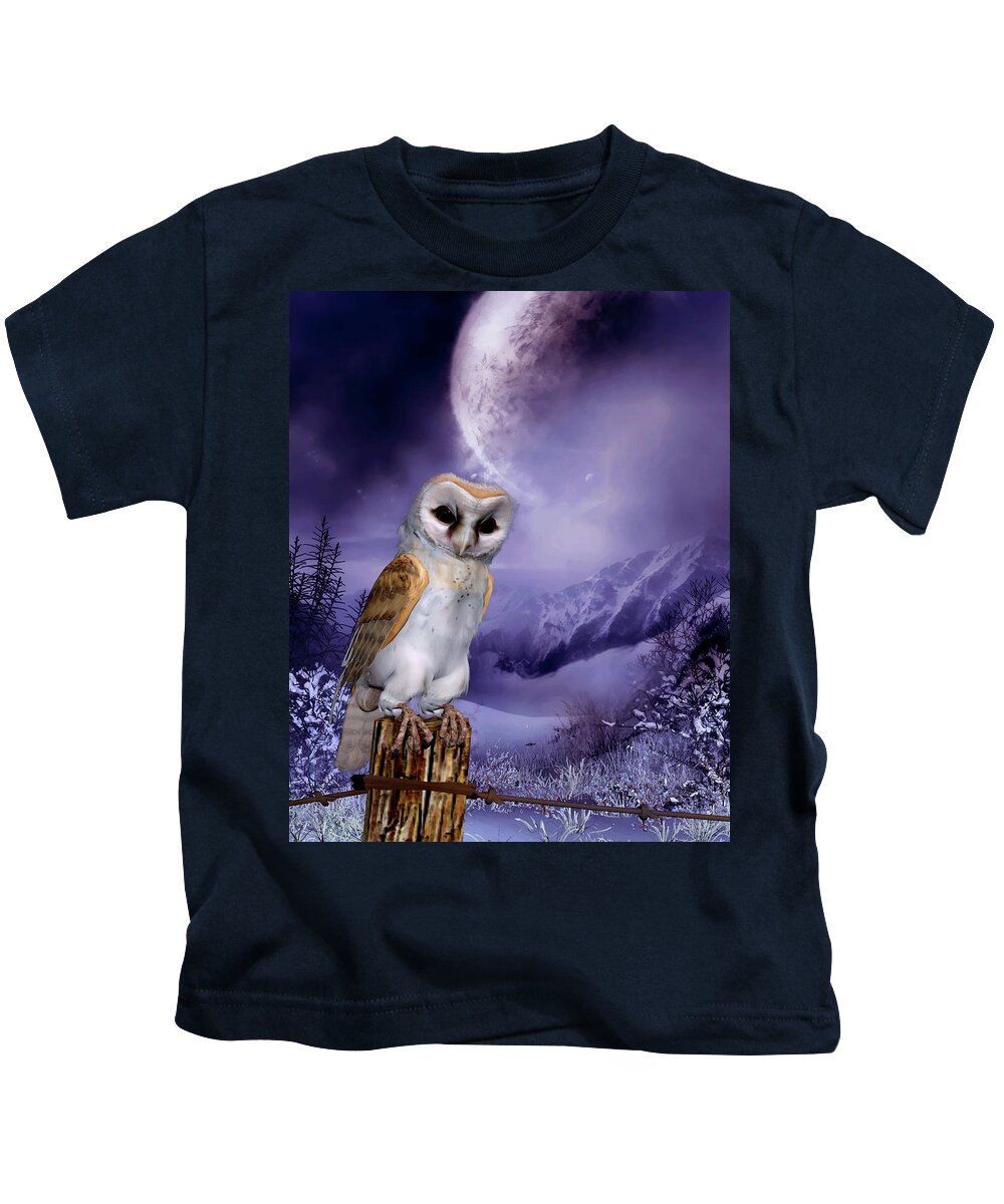 Animals Kids T-Shirt featuring the digital art Barn Owl - Winter Scene by John Junek