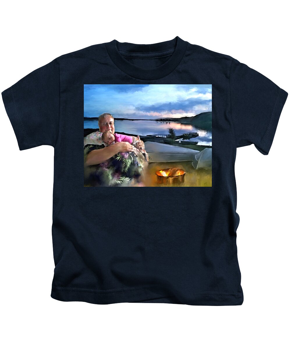  Kids T-Shirt featuring the painting Camping with Grandpa by Susan Kinney