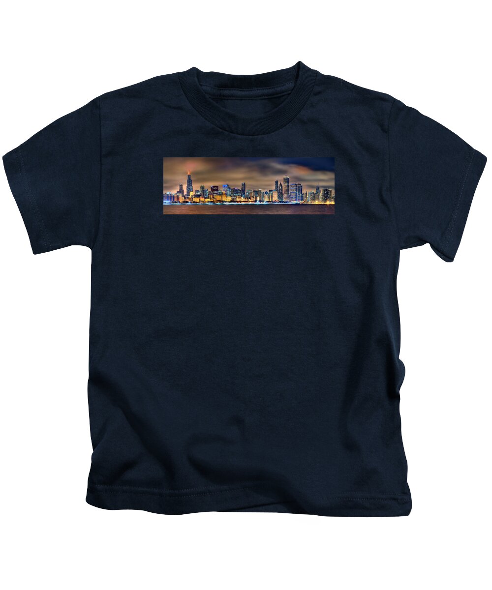 Chicago Kids T-Shirt featuring the photograph Chicago Skyline at NIGHT Panorama Color 1 to 3 Ratio by Jon Holiday