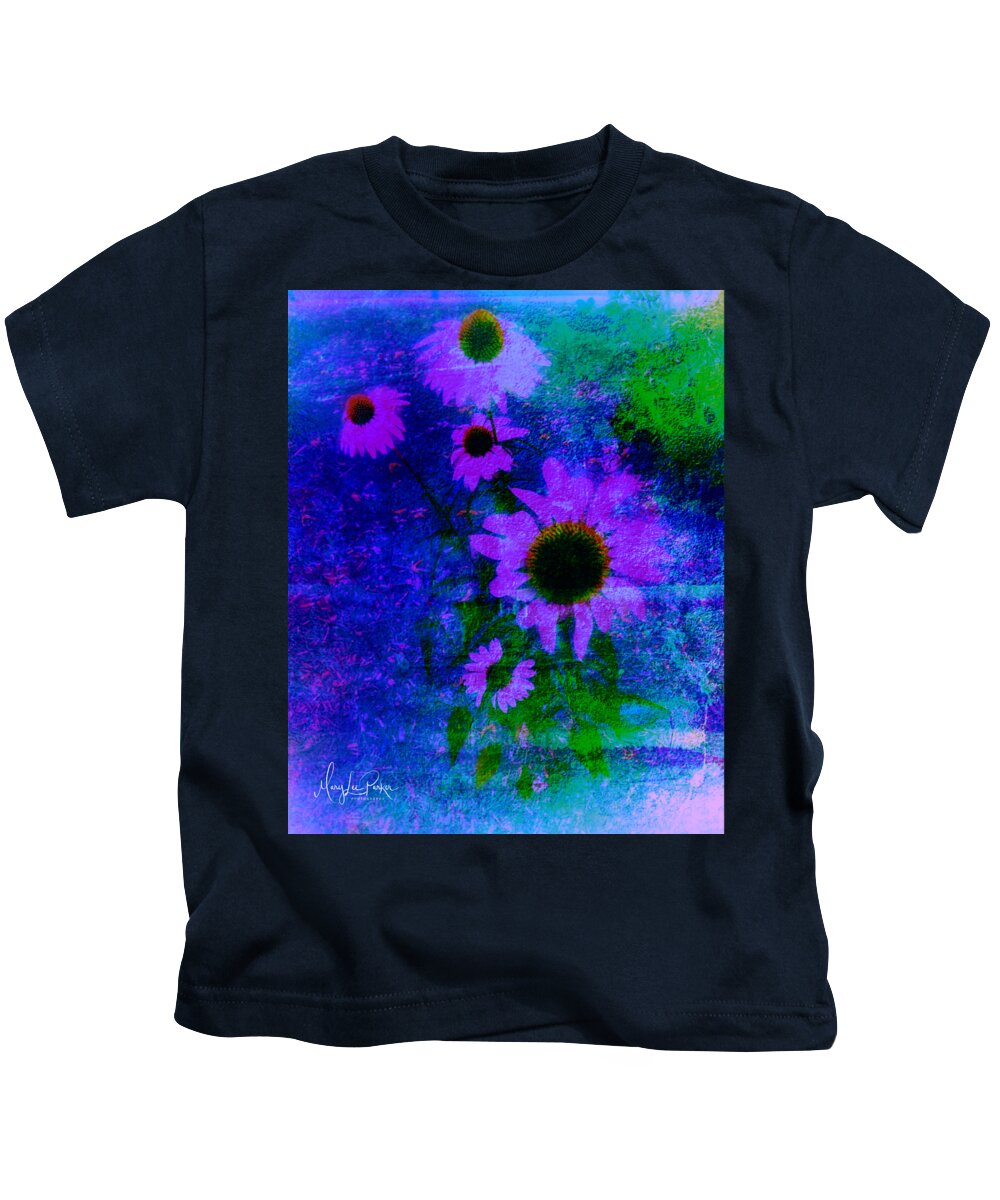 Mix Media Kids T-Shirt featuring the mixed media Coneflowers abstract by MaryLee Parker