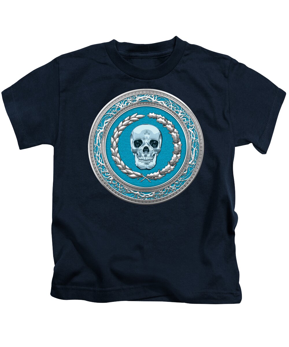'treasure Trove' Collection By Serge Averbukh Kids T-Shirt featuring the digital art Crystal Human Skull on Blue by Serge Averbukh