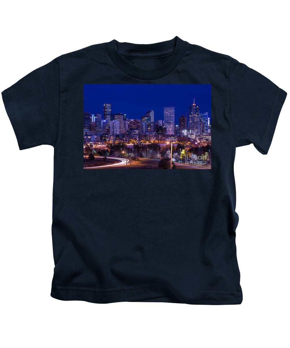 Denver Kids T-Shirt featuring the photograph Denver Skyline at Night - Colorado by Gary Whitton