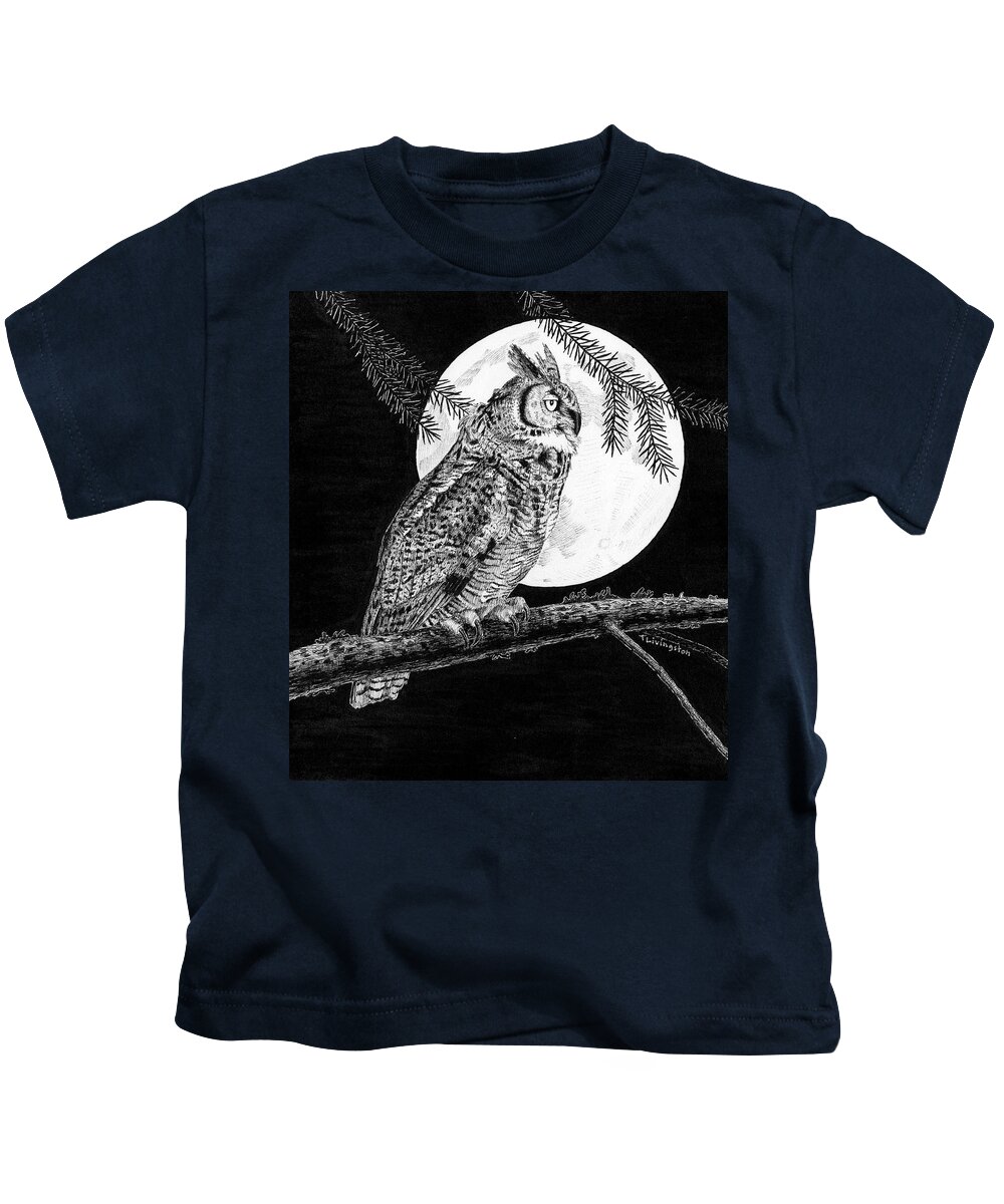 Great Horned Owl Kids T-Shirt featuring the drawing Dreaming of the Night by Timothy Livingston