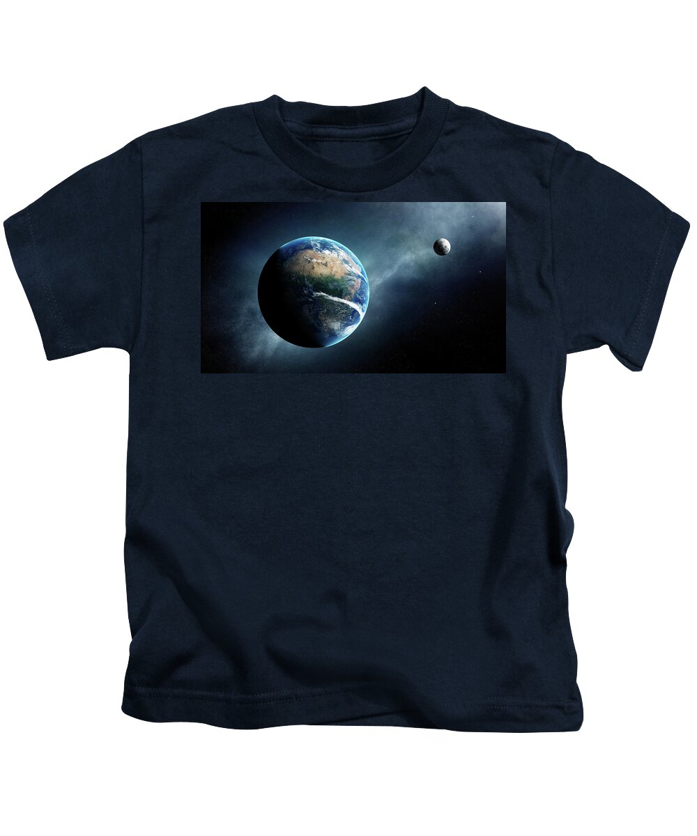 #faatoppicks Kids T-Shirt featuring the digital art Earth and moon space view by Johan Swanepoel