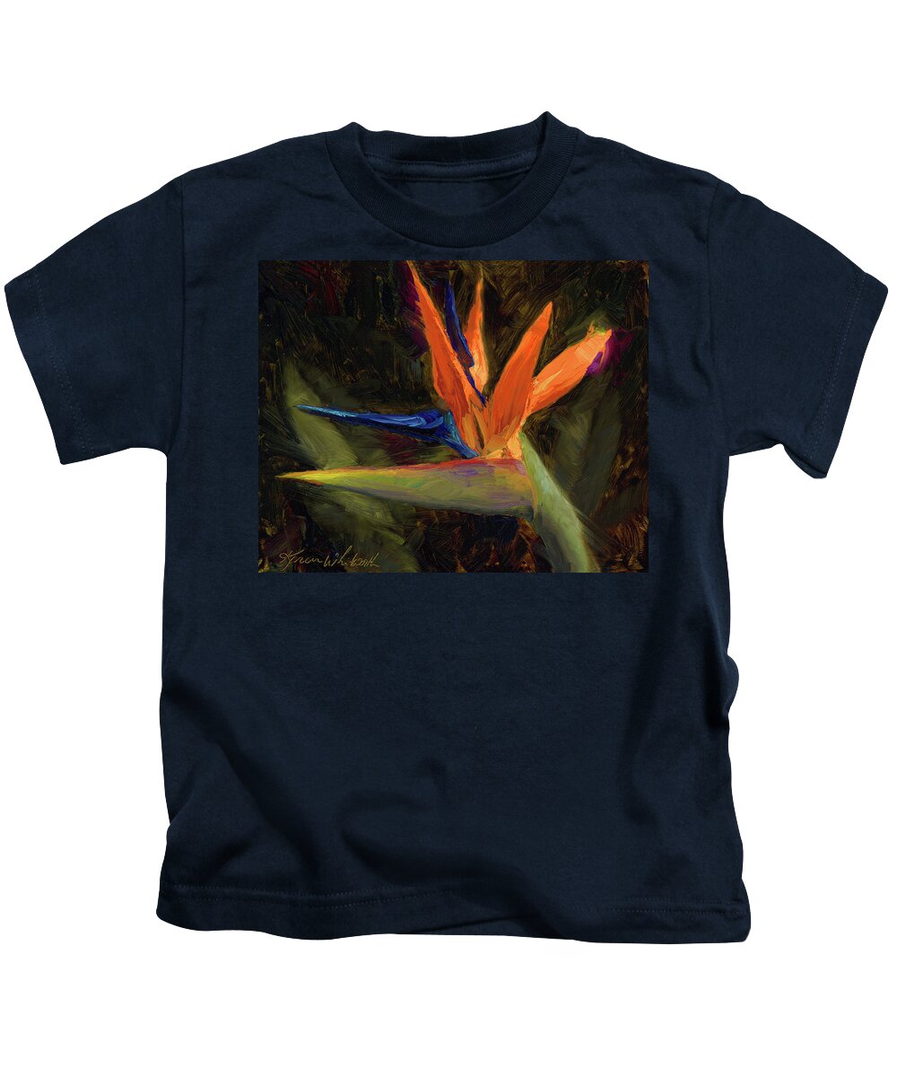 Tropical Flowers Kids T-Shirt featuring the painting Extravagance - Tropical Bird Of Paradise Flower by K Whitworth