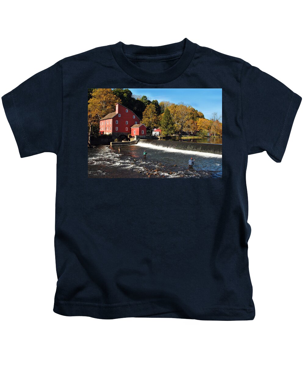 Water Mill Kids T-Shirt featuring the photograph Fishing at the Old Mill by Lori Tambakis