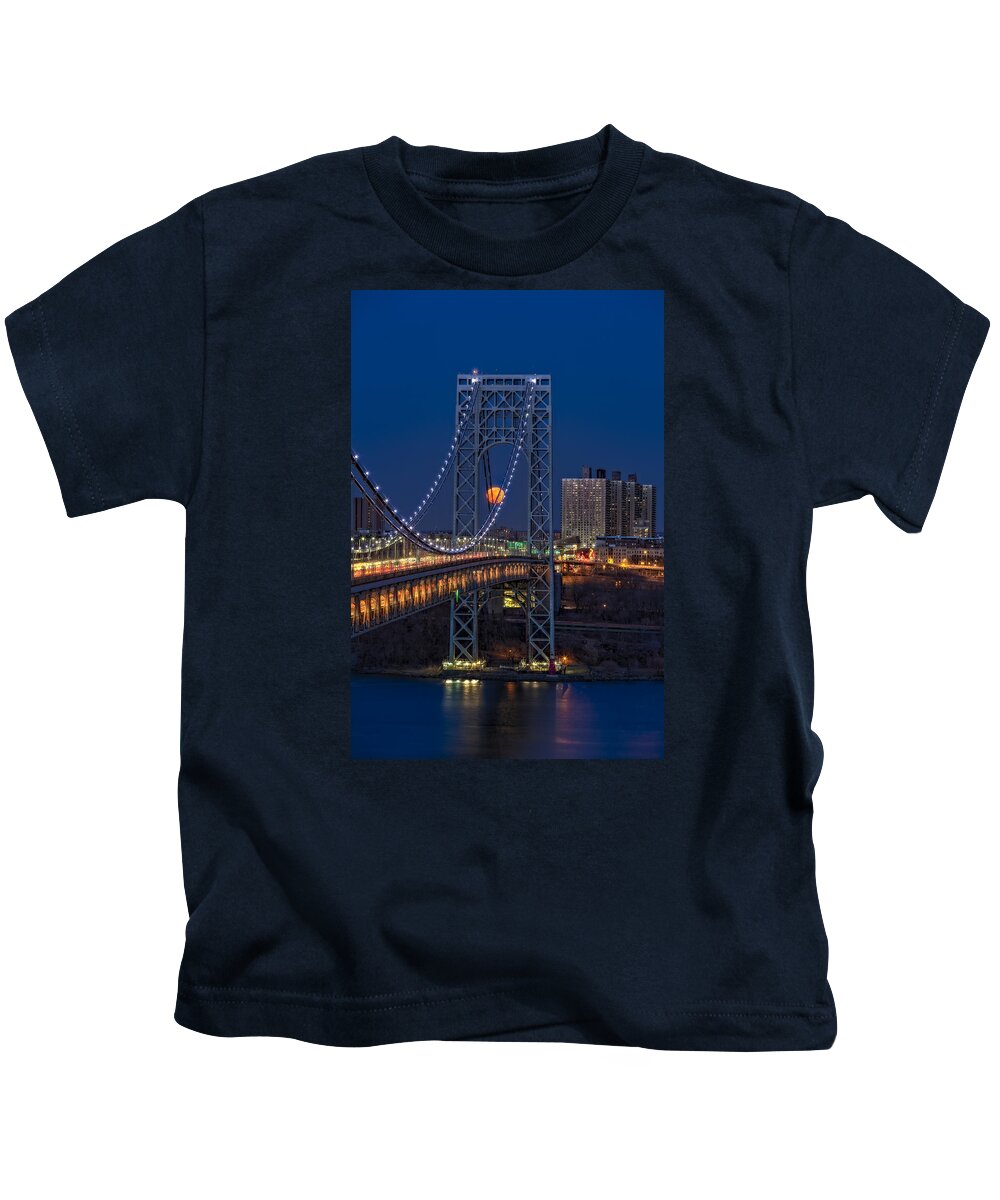 George Washington Bridge Kids T-Shirt featuring the photograph George Washington Bridge Full Moonrise by Susan Candelario