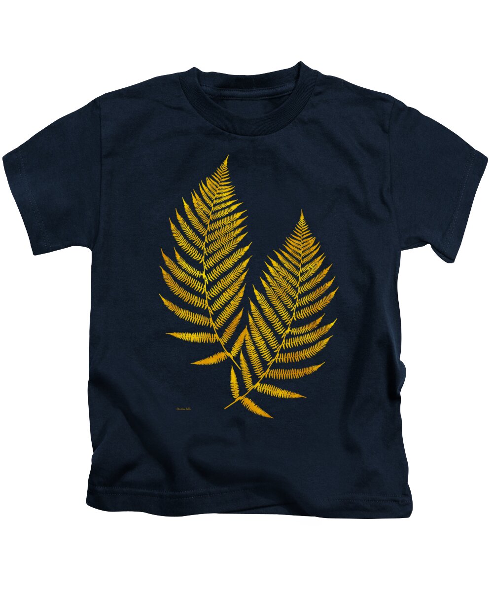 Fern Leaves Kids T-Shirt featuring the mixed media Gold Fern Leaf Art by Christina Rollo