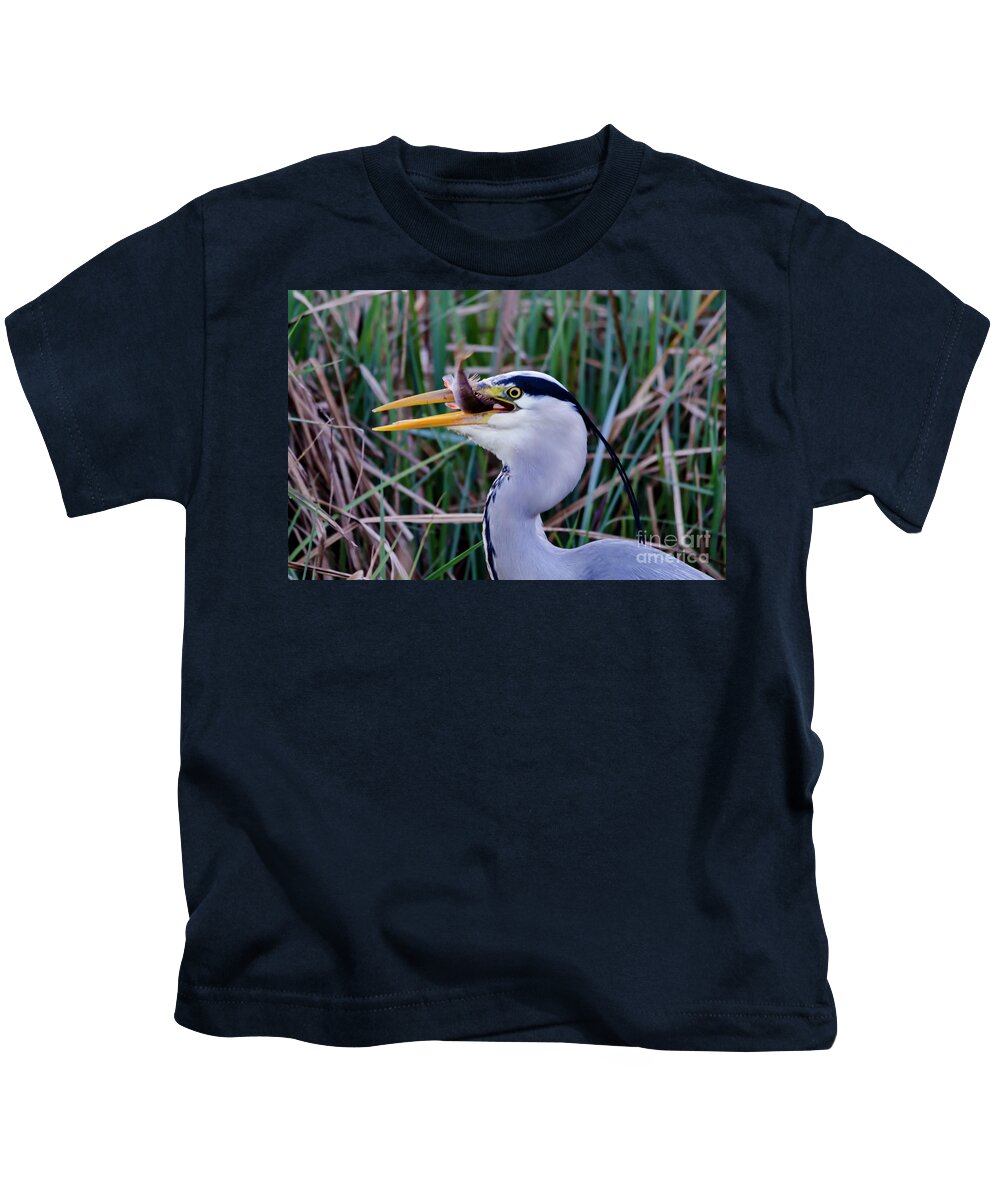 Heron Kids T-Shirt featuring the photograph Grey Heron with fish by Steev Stamford