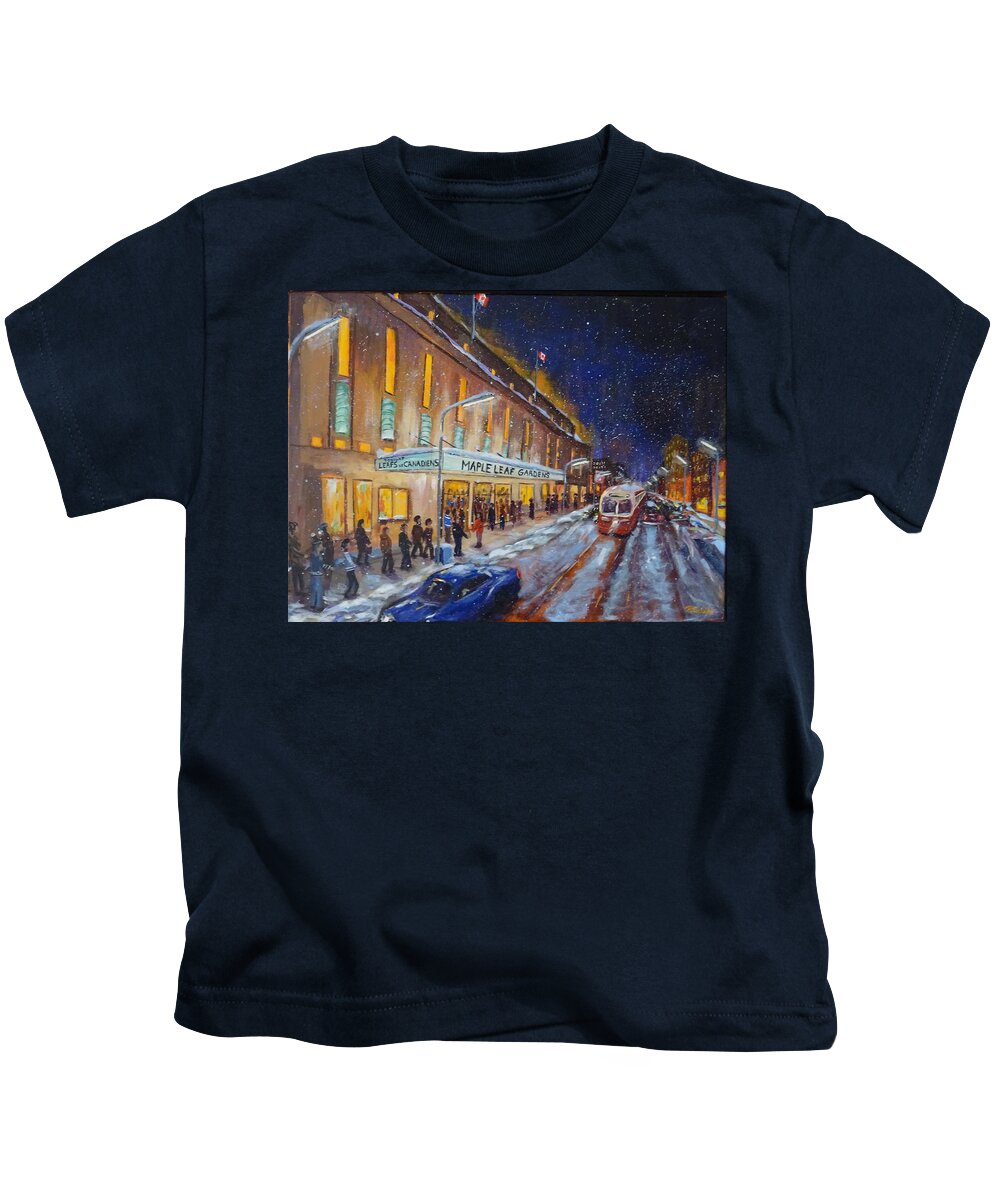 Maple Leaf Gardens Kids T-Shirt featuring the painting Hockey Night 1967 by Brent Arlitt
