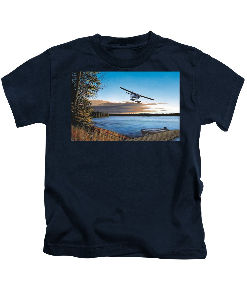 Plane Kids T-Shirt featuring the painting Island Fly By by Anthony J Padgett