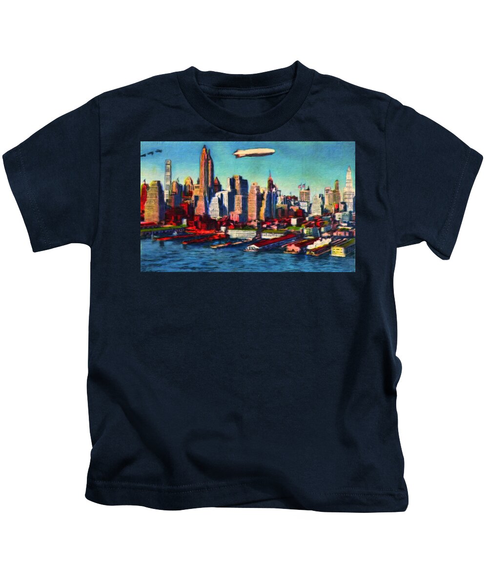 Lower Manhattan Kids T-Shirt featuring the painting Lower Manhattan Skyline New York City by Vincent Monozlay