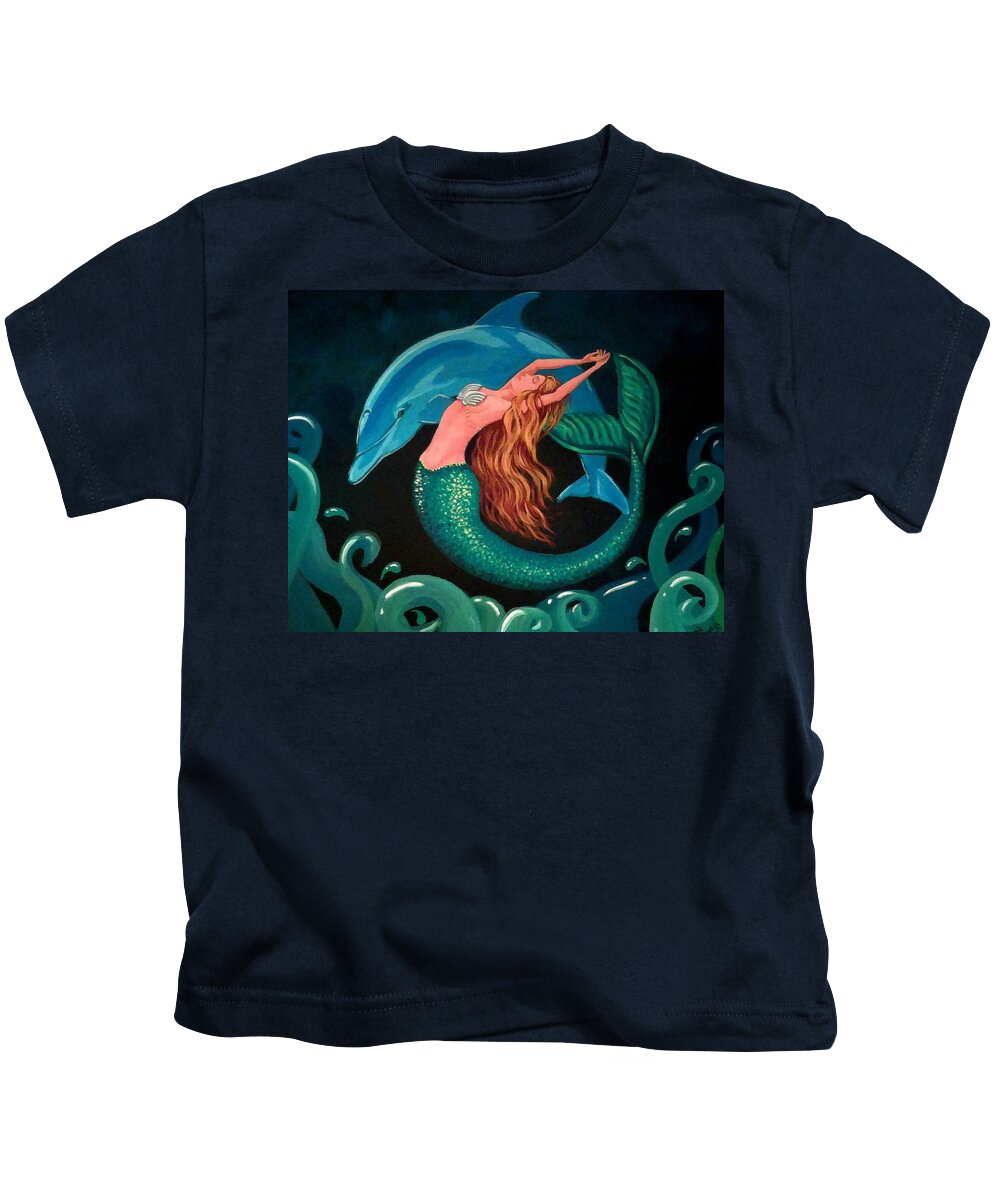 Mermaid Kids T-Shirt featuring the painting Mermaid And Dolphin by Debbie Criswell
