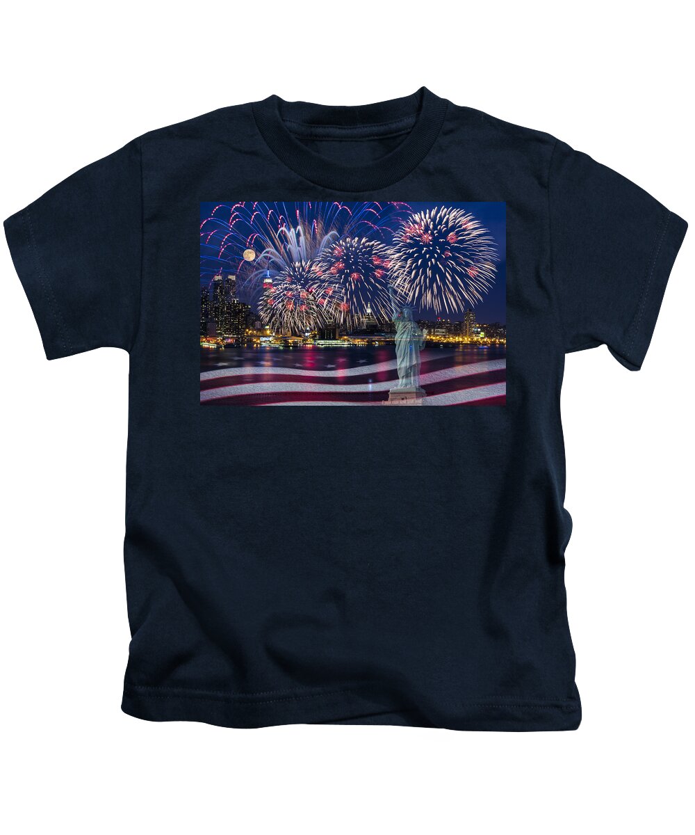 New York City Skyline Kids T-Shirt featuring the photograph NYC Fourth Of July Celebration by Susan Candelario