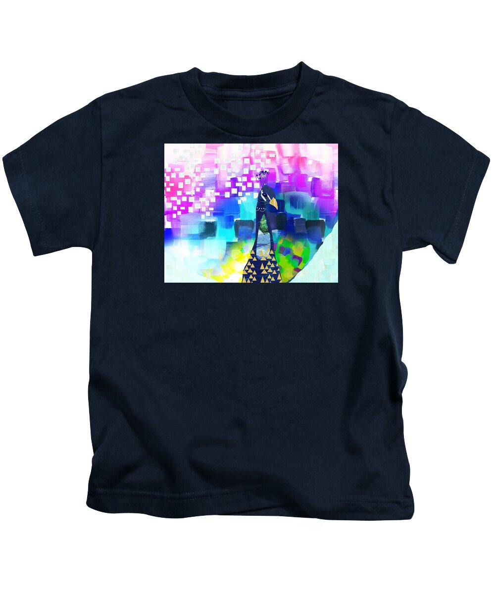 Peacock Collage Kids T-Shirt featuring the mixed media Peacock Collage by Claudia Schoen