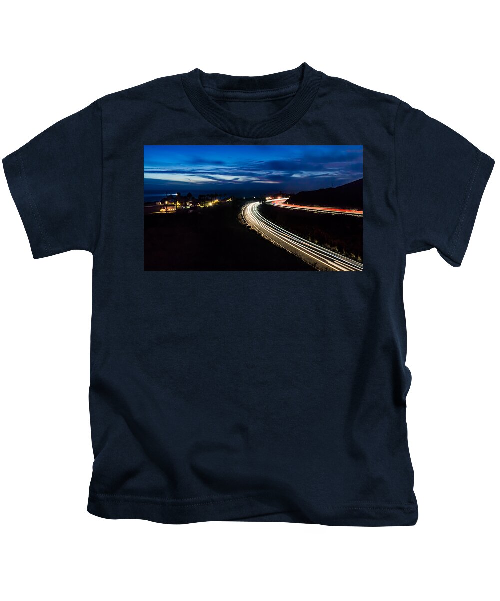 Lighthouse Kids T-Shirt featuring the photograph Point Vincente Light Trails by Ed Clark