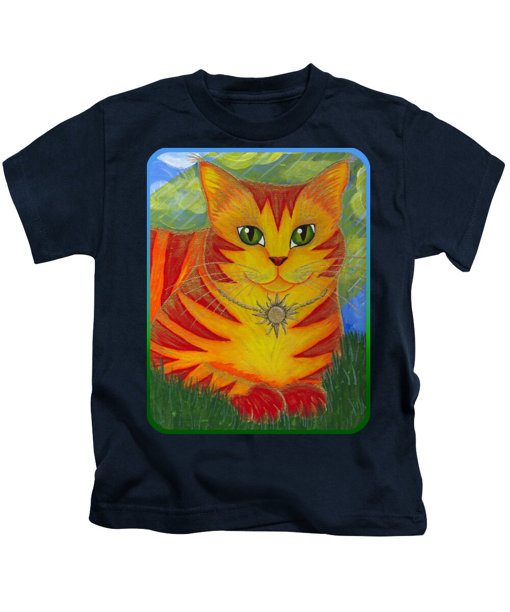 Rajah Kids T-Shirt featuring the painting Rajah Golden Sun Cat by Carrie Hawks
