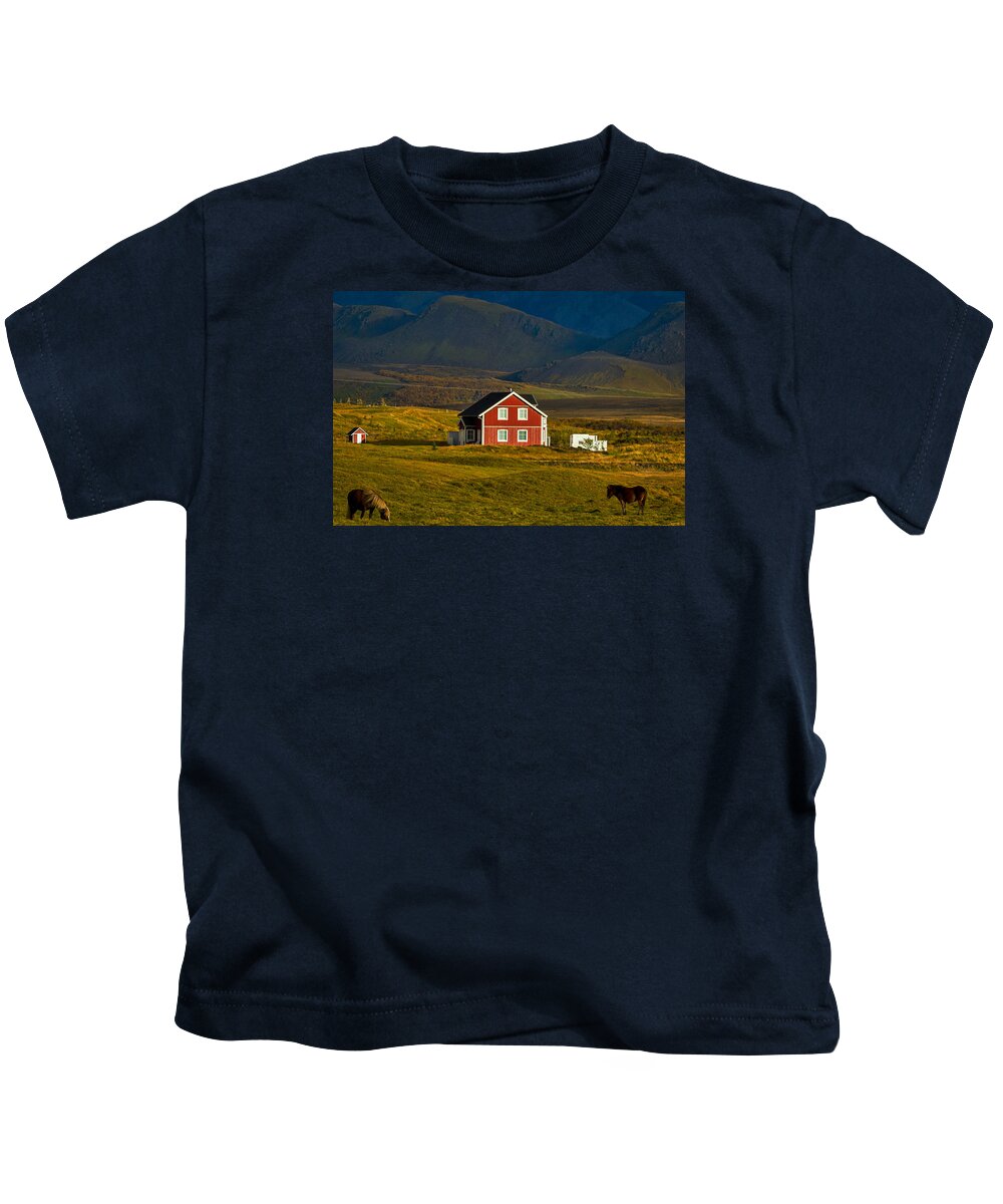Horse Kids T-Shirt featuring the photograph Red House and Horses - Iceland by Stuart Litoff