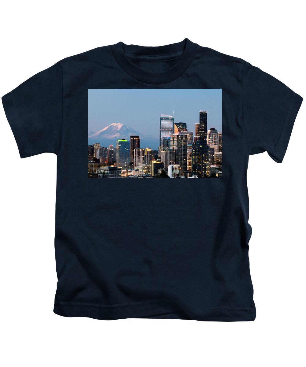 Mt. Rainier Kids T-Shirt featuring the photograph Seattle at First Light I by E Faithe Lester