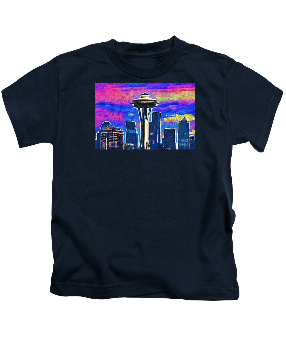Space Needle Kids T-Shirt featuring the digital art Space Needle Colorful Sky by Kirt Tisdale