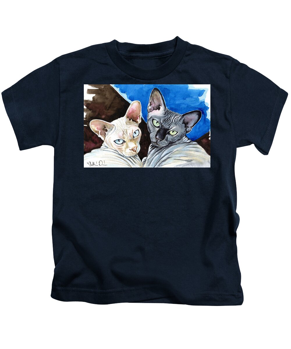 Cats Kids T-Shirt featuring the painting Sphynx Love - Cat Painting by Dora Hathazi Mendes