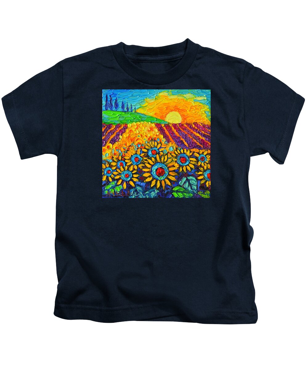 Sunflower Kids T-Shirt featuring the painting Sunflowers And Lavender At Sunrise Palette Knife Oil Painting By Ana Maria Edulescu by Ana Maria Edulescu