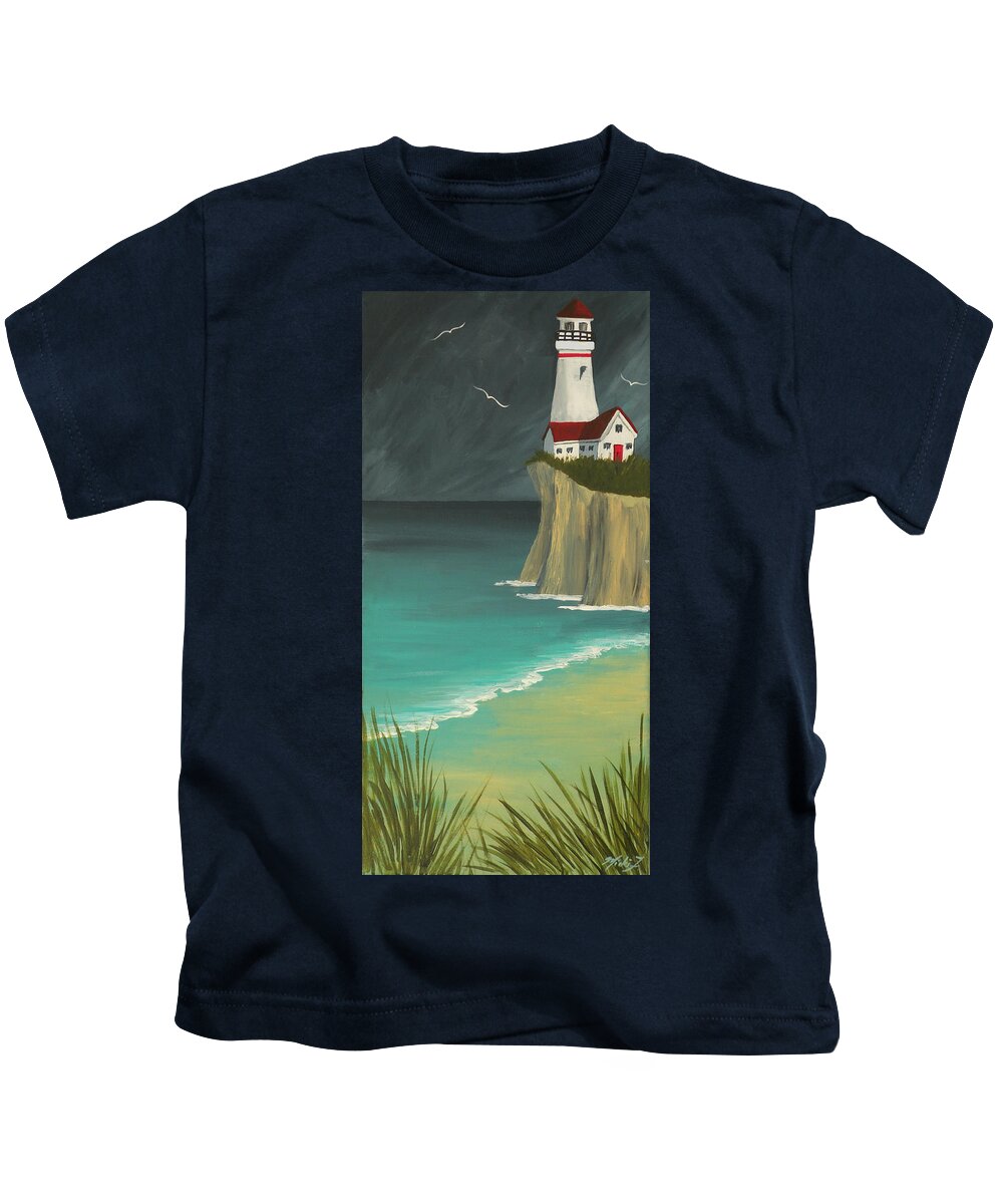 My Dream Home Kids T-Shirt featuring the painting The Lighthouse on the Cliff by Micki Findlay