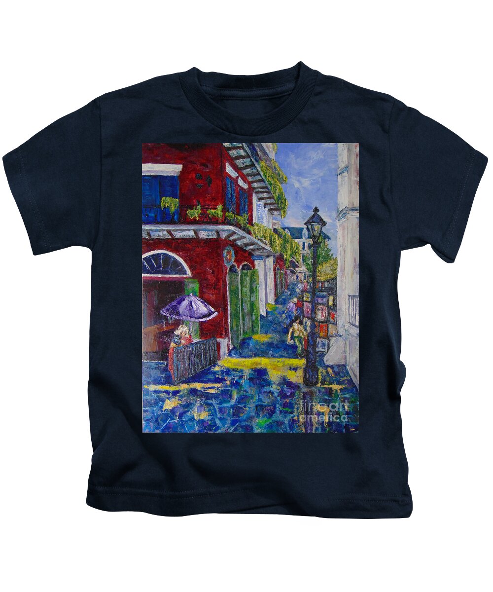 Cityscape Kids T-Shirt featuring the painting The Purple Umbrella    Pirates Alley by Beverly Boulet