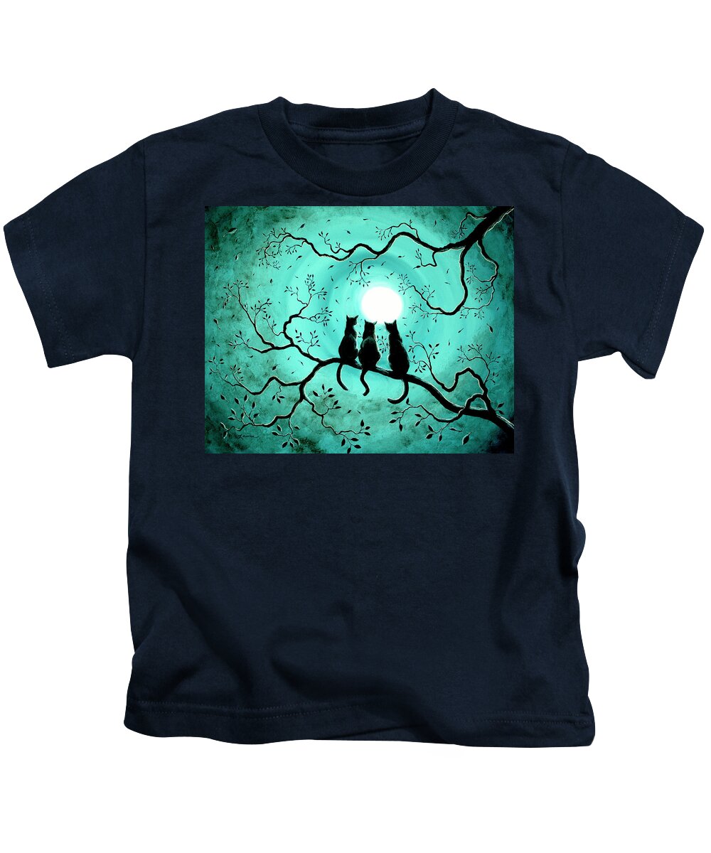 Black Kids T-Shirt featuring the painting Three Black Cats Under a Full Moon by Laura Iverson