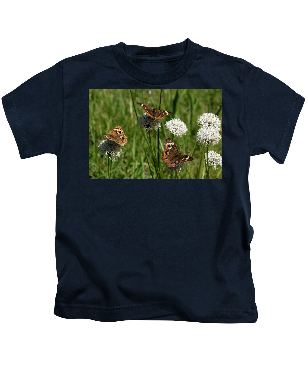 Nature Kids T-Shirt featuring the photograph Three Buckeye Butterflies on Wildflowers by Sheila Brown