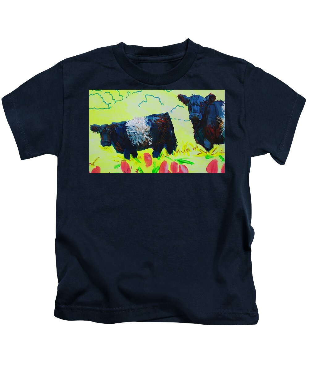 Belted Galloway Cows Kids T-Shirt featuring the painting Two Belted Galloway Cows Looking At You by Mike Jory