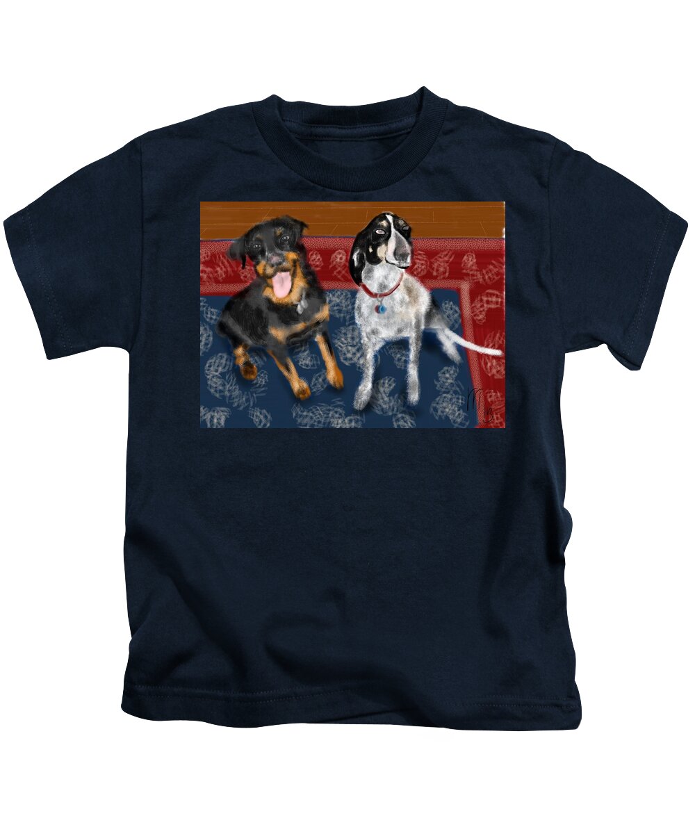 Persian Carpet Kids T-Shirt featuring the painting Two Pups on a Persian Carpet by Lois Ivancin Tavaf