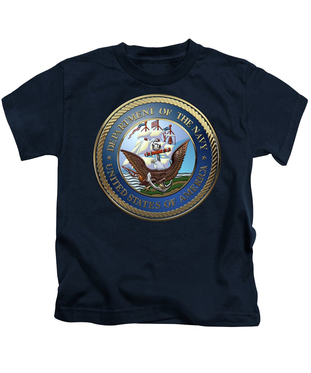 'military Insignia & Heraldry 3d' Collection By Serge Averbukh Kids T-Shirt featuring the digital art U. S. Navy - U S N Emblem over Blue Velvet by Serge Averbukh