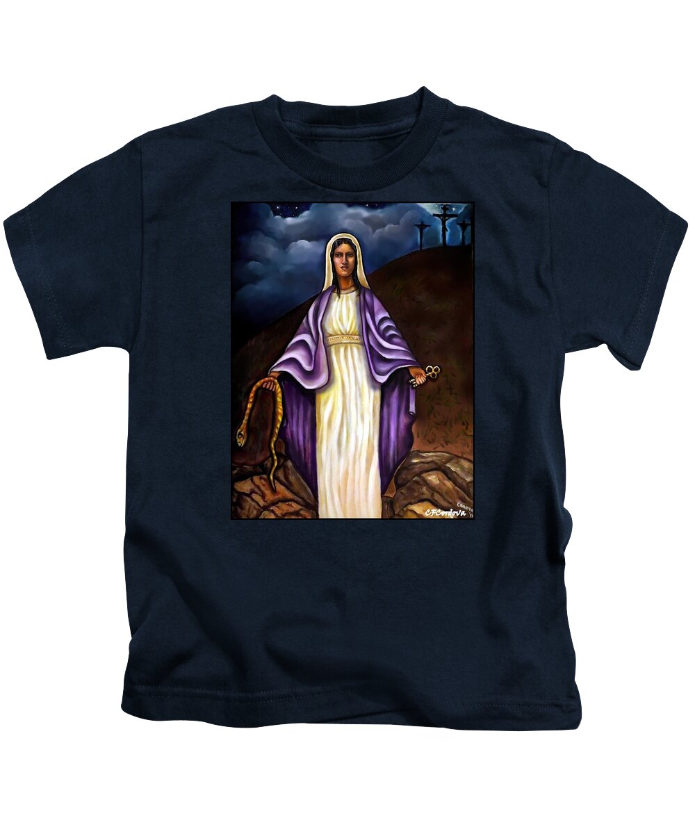 Virgin Mary Kids T-Shirt featuring the painting Virgin Mary- The Protector by Carmen Cordova