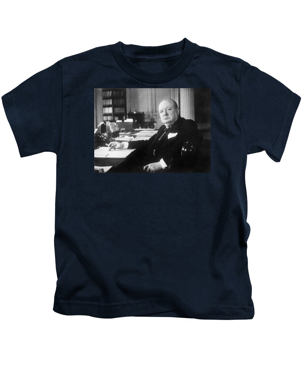 Sir Winston Churchill Kids T-Shirt featuring the photograph Winston Churchill at Number 10 Downing Street by War Is Hell Store