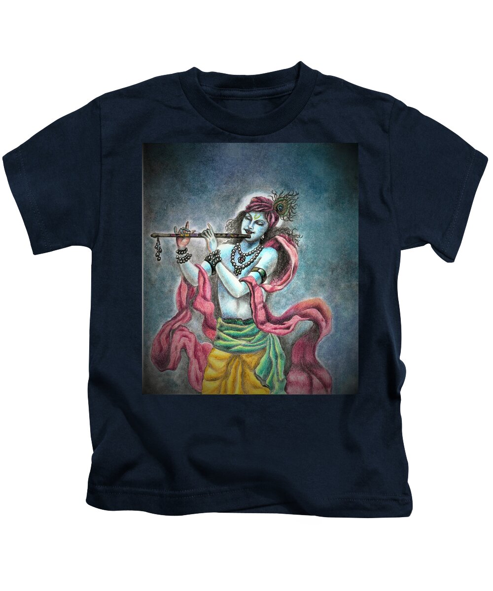 Krishna Kids T-Shirt featuring the drawing The divine flute player by Tara Krishna
