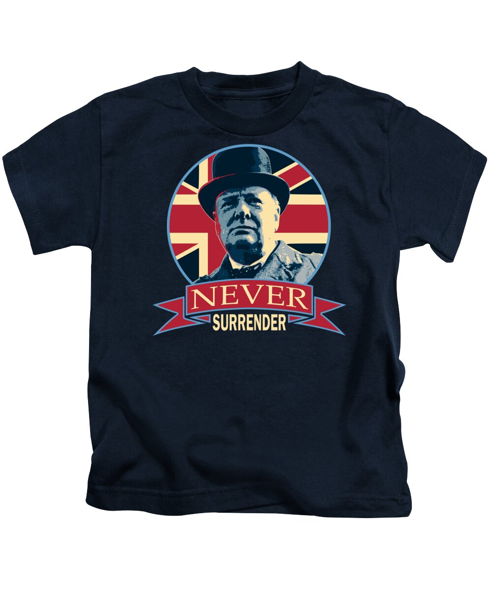 Winston Churchill Kids T-Shirt featuring the digital art Winston Churchill Never Surrender #1 by Megan Miller